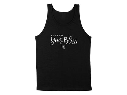 Black Follow Your Bliss Tank Top, sleeveless with scoop neck, unisex fit, and a bold graphic to inspire positivity.