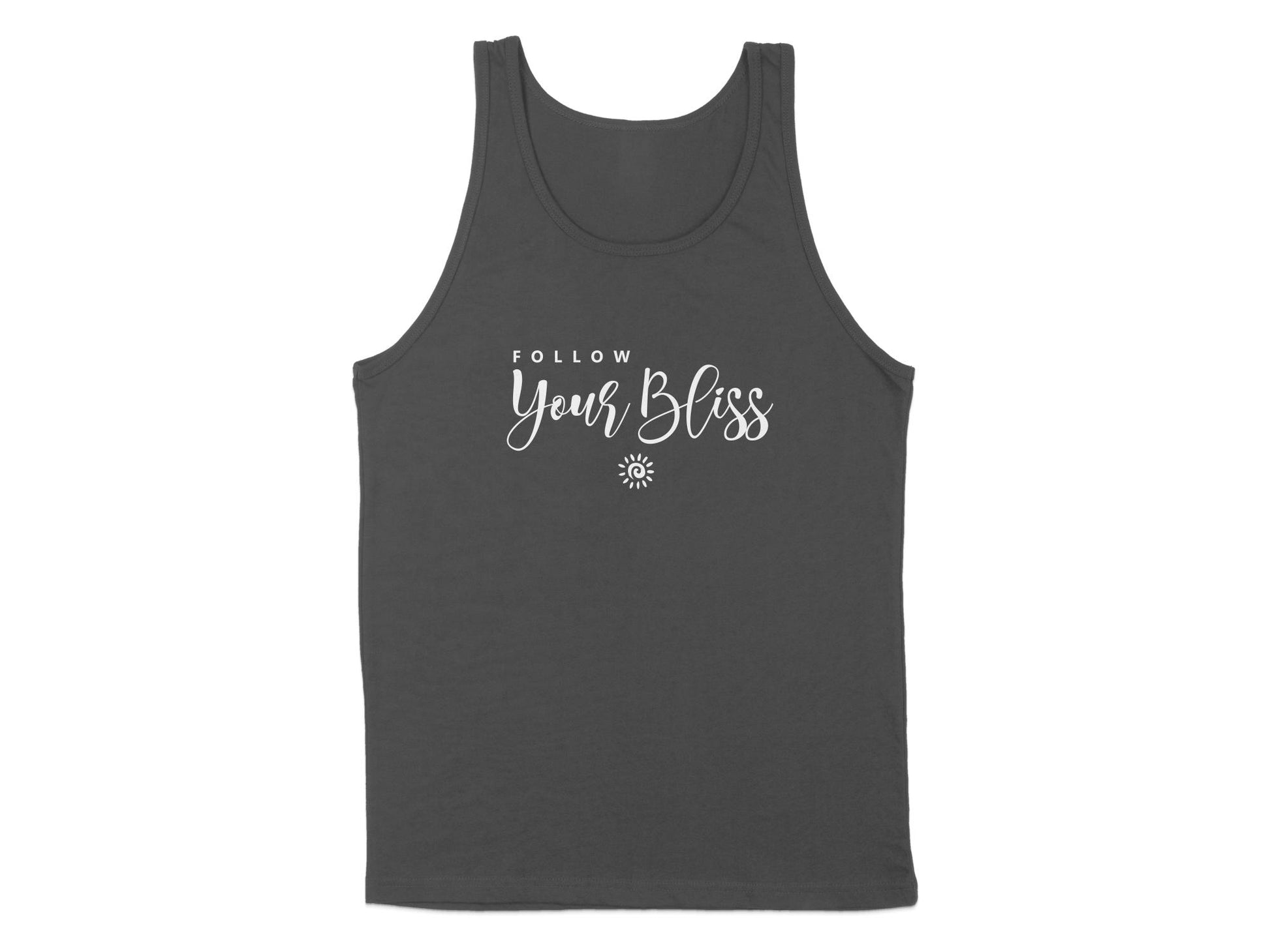 Charcoal Follow Your Bliss Tank Top, sleeveless with scoop neck, lightweight cotton fabric, and motivational print.