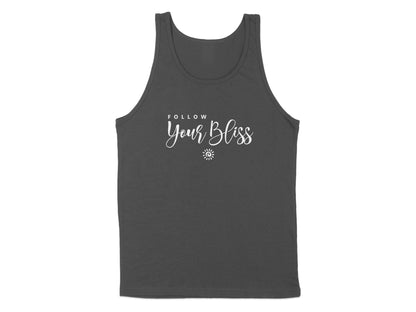 Charcoal Follow Your Bliss Tank Top, sleeveless with scoop neck, lightweight cotton fabric, and motivational print.