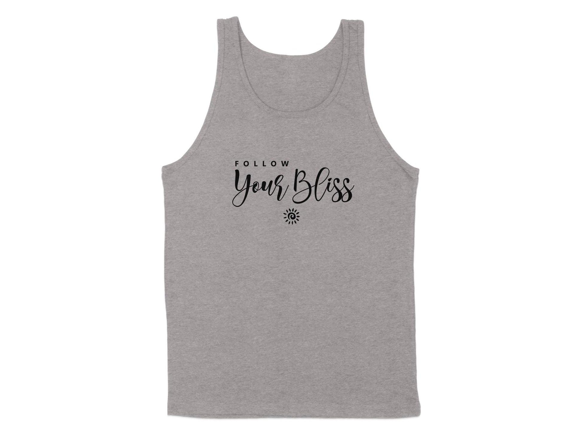 Athletic Heather Follow Your Bliss Tank Top, sleeveless with scoop neck, unisex fit, and uplifting graphic design.