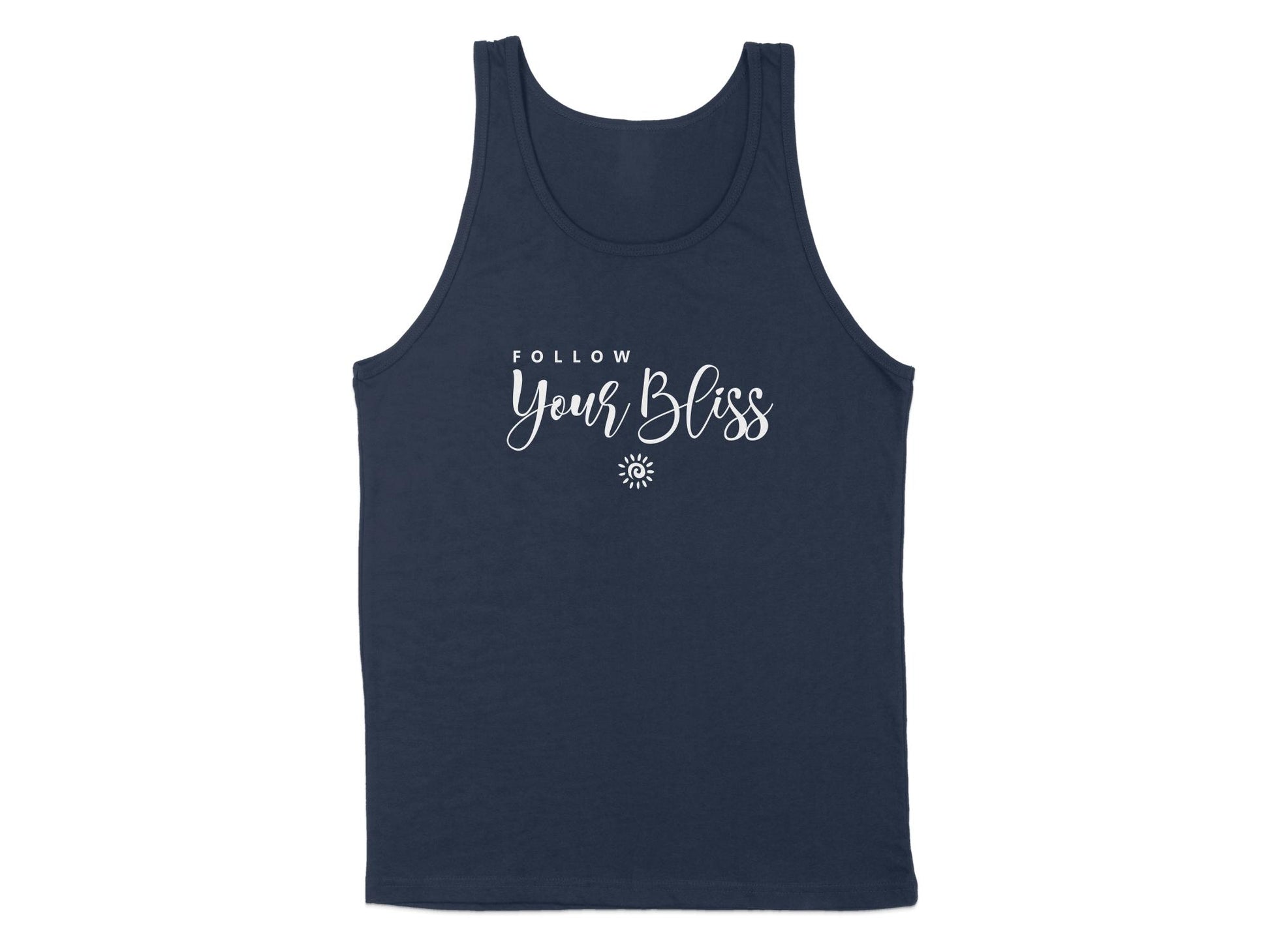 Navy Follow Your Bliss Tank Top, sleeveless with scoop neck, unisex sizing, and an empowering graphic design.