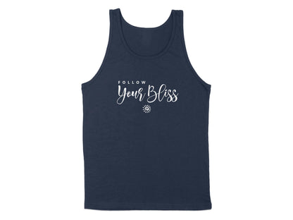Navy Follow Your Bliss Tank Top, sleeveless with scoop neck, unisex sizing, and an empowering graphic design.
