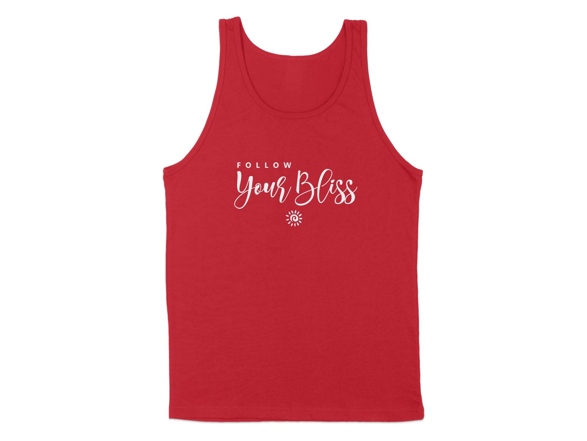 Red Follow Your Bliss Tank Top, sleeveless with scoop neck, soft cotton material, and a positive graphic design.