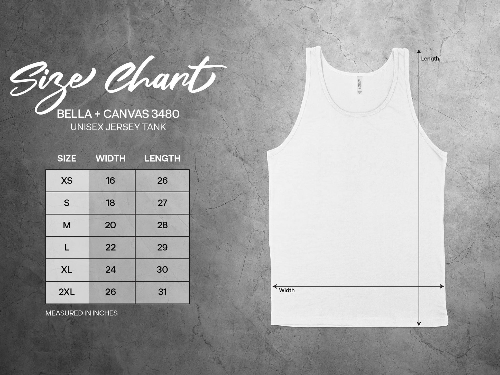 Follow Your Bliss Tank Top size chart, from small to 2XL, offering a comfortable, relaxed unisex fit.
