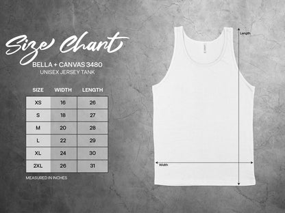 Follow Your Bliss Tank Top size chart, from small to 2XL, offering a comfortable, relaxed unisex fit.
