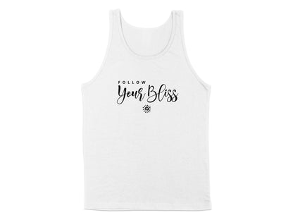 White Follow Your Bliss Tank Top, sleeveless with scoop neck, lightweight fabric, and an inspiring graphic print.