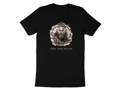 Black Forge Your Destiny t-shirt featuring Viking warrior portrait illustration in sepia tone with circular vignette and runic inspired typography chest design.