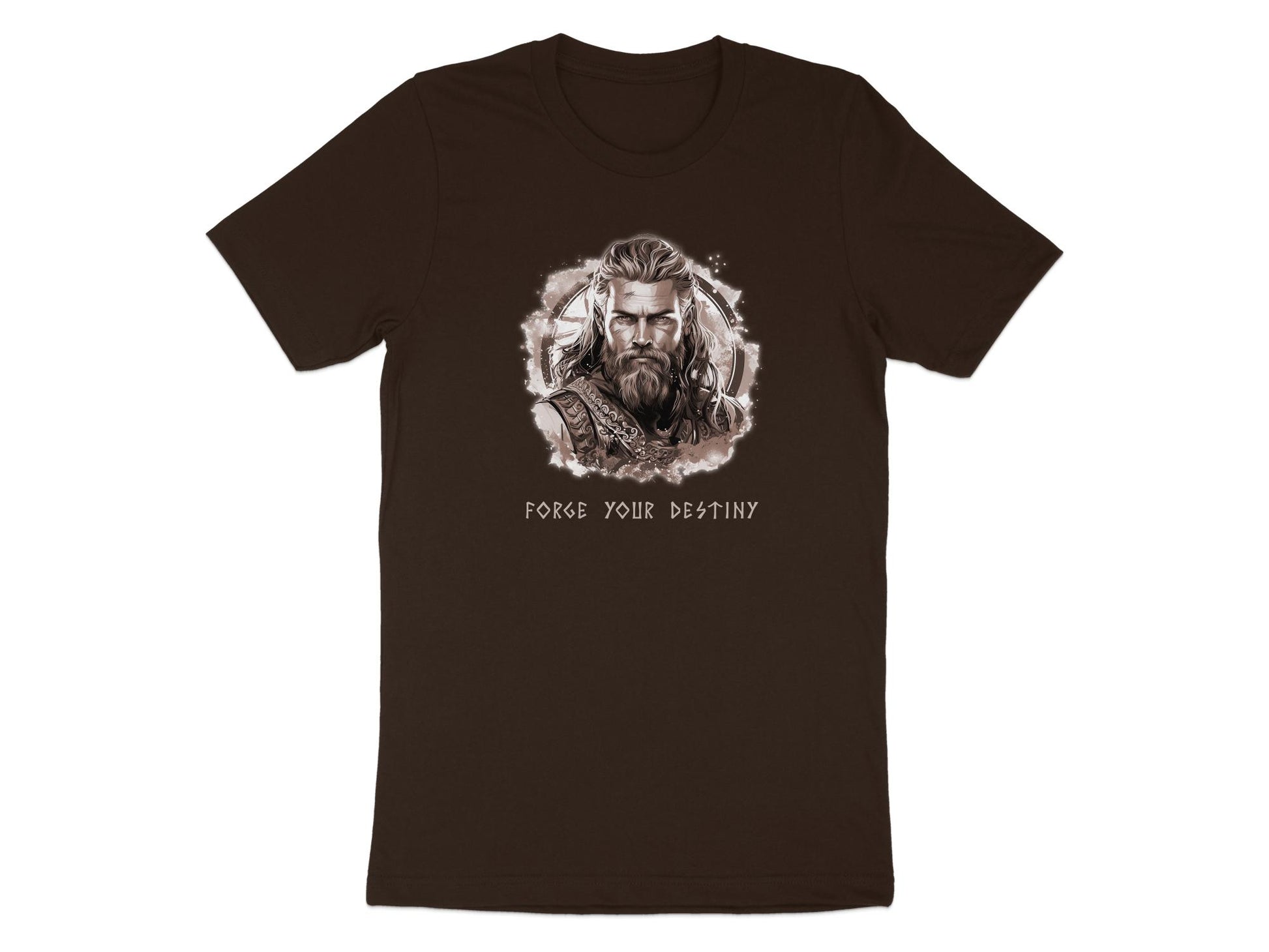 Brown Forge Your Destiny t-shirt featuring detailed Viking warrior illustration chest print with antique sepia effect and mythological typography design.