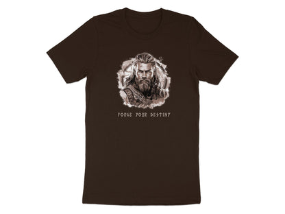 Brown Forge Your Destiny t-shirt featuring detailed Viking warrior illustration chest print with antique sepia effect and mythological typography design.