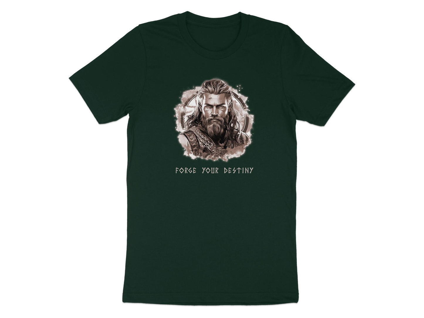 Forest green Forge Your Destiny t-shirt with Viking portrait artwork in circular frame and runic inspired Forge Your Destiny chest typography.