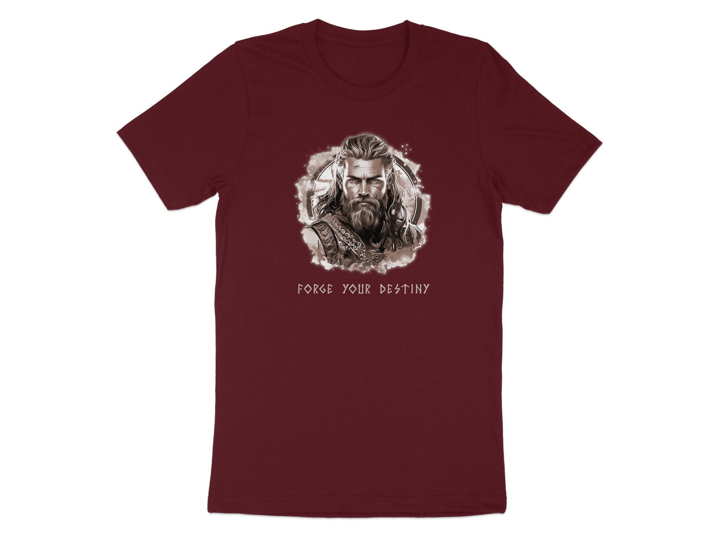 Maroon Forge Your Destiny t-shirt featuring warrior Viking illustration with vintage sepia styling and bold myth inspired typography print.