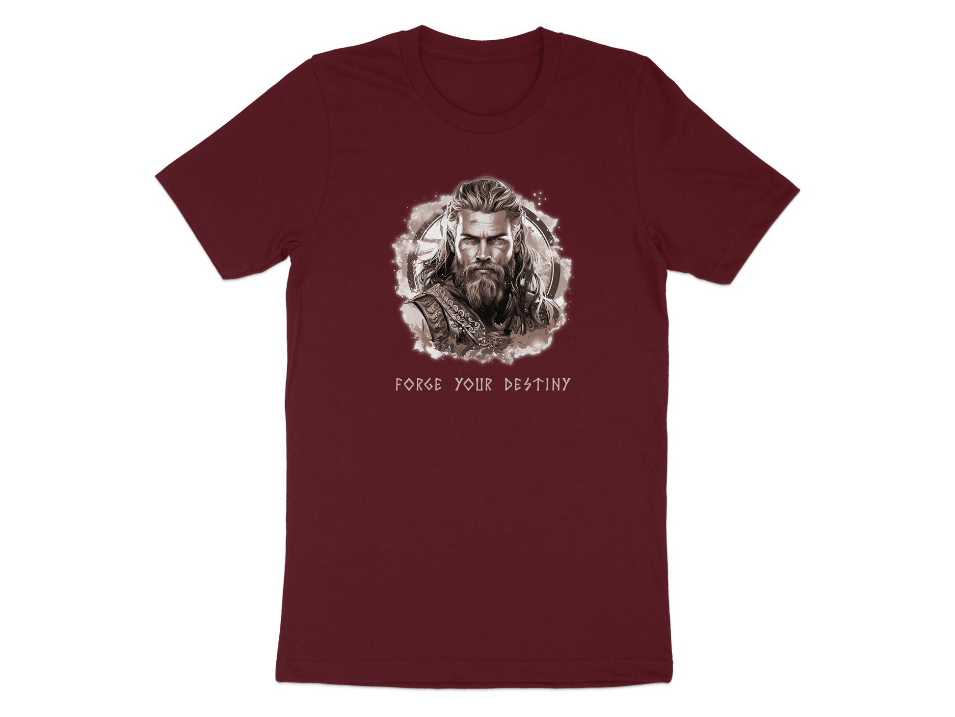 Maroon Forge Your Destiny t-shirt featuring warrior Viking illustration with vintage sepia styling and bold myth inspired typography print.