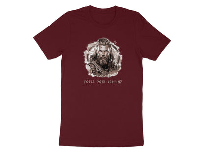 Maroon Forge Your Destiny t-shirt featuring warrior Viking illustration with vintage sepia styling and bold myth inspired typography print.