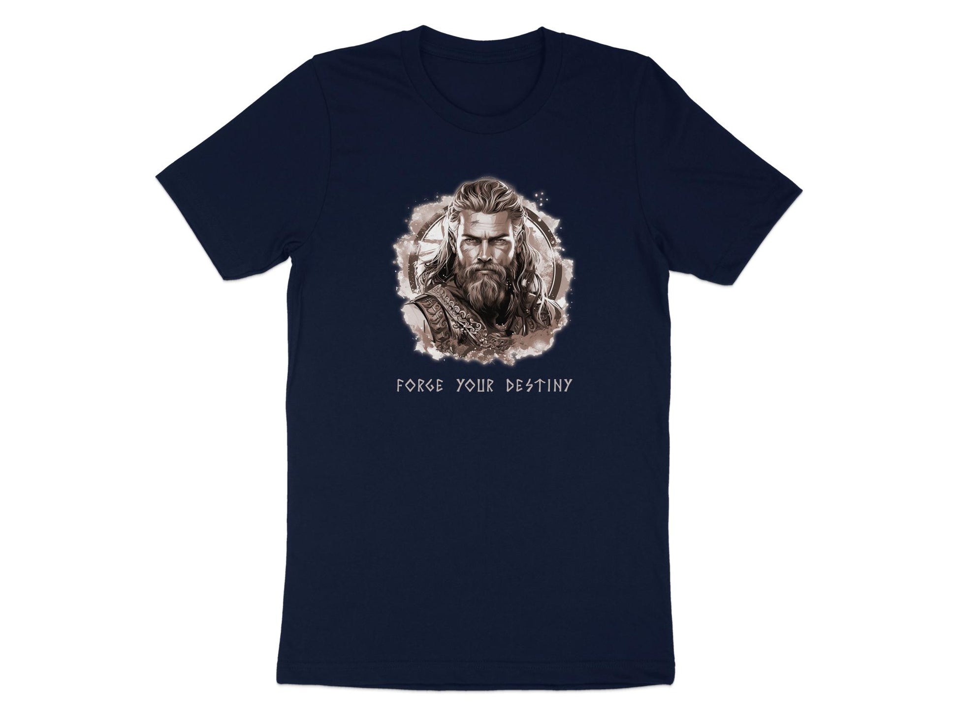 Navy Forge Your Destiny t-shirt with Norse mythology Viking warrior artwork and framed sepia portrait style graphic with runic serif text.
