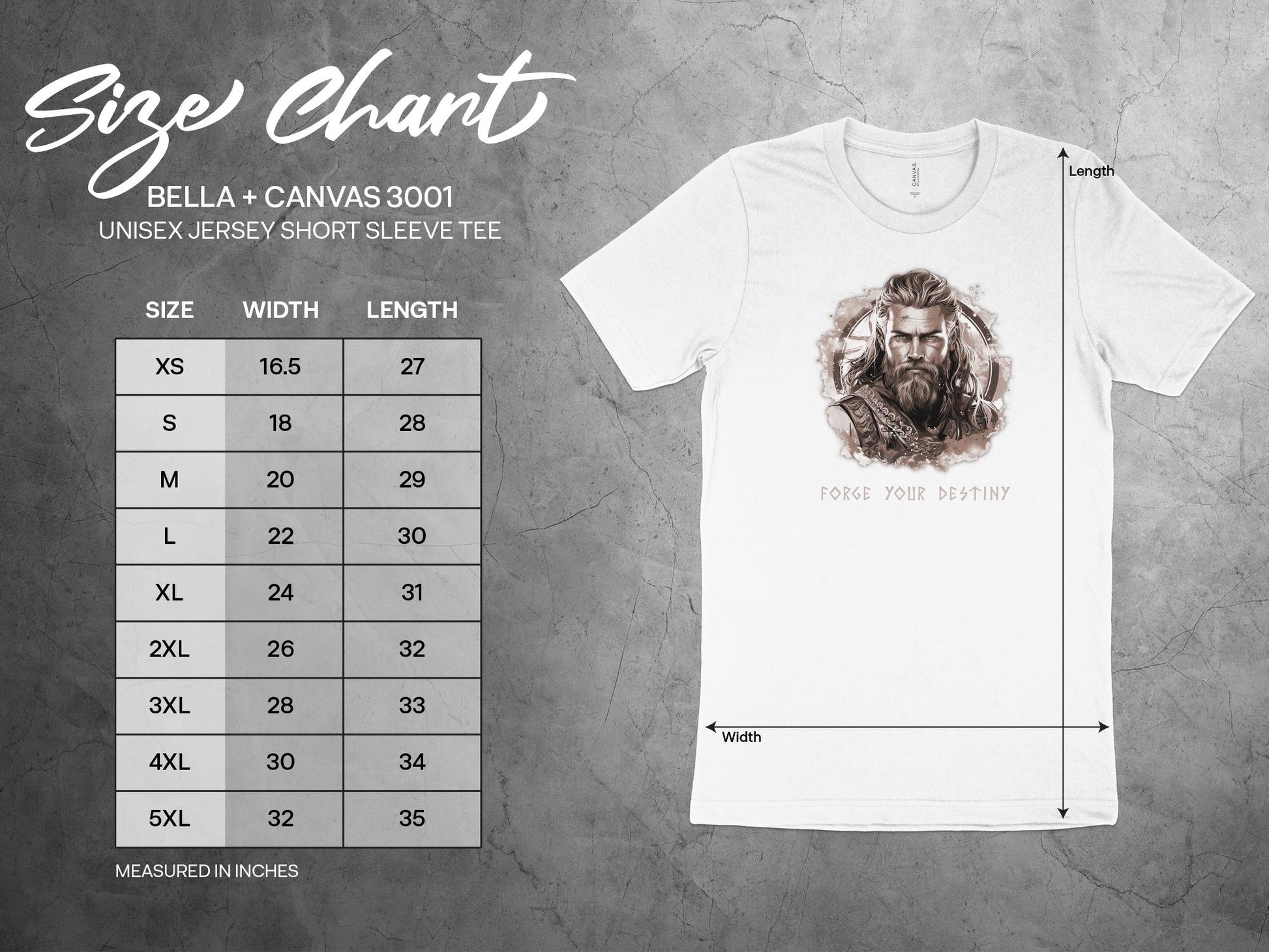 Size chart for Forge Your Destiny t-shirt showing unisex sizing from small to 3XL with chest width and body length measurements.