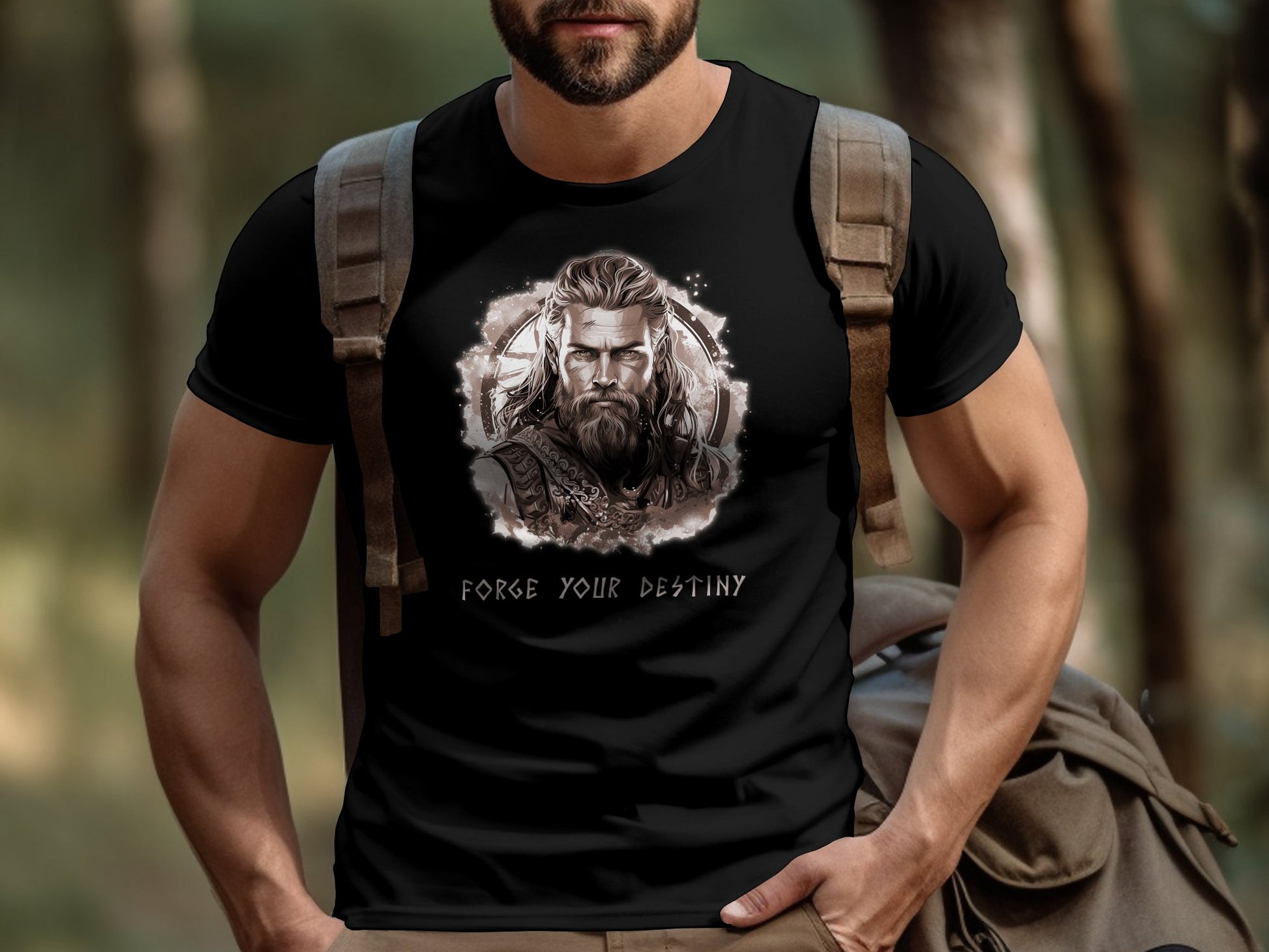 Forge Your Destiny short sleeve t-shirt featuring Viking warrior portrait with sepia tone and Norse rune typography.
