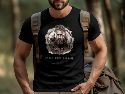 Forge Your Destiny short sleeve t-shirt featuring Viking warrior portrait with sepia tone and Norse rune typography.