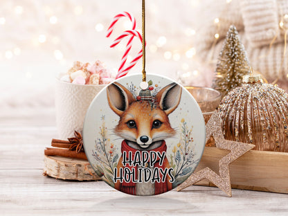 Round holiday ornament showcasing a watercolour fox portrait with winter botanicals and Happy Holidays lettering.
