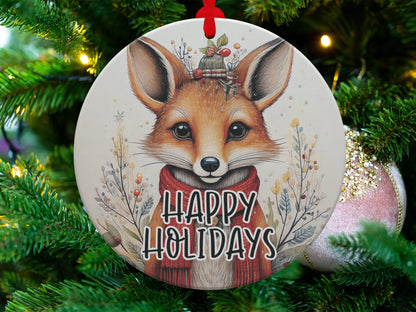 Woodland fox ornament featuring expressive fox illustration, winter branches, berries, and festive holiday greeting.