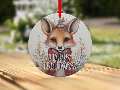 Watercolour fox holiday ornament featuring cosy winter styling and elegant woodland-inspired festive artwork.