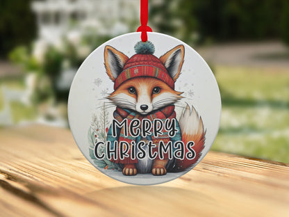 Christmas tree ornament with fox illustration, winter foliage, snowflakes, and cheerful Merry Christmas lettering.