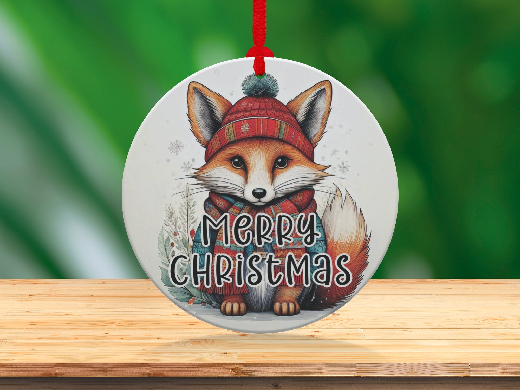 Watercolour fox holiday ornament featuring cosy woodland artwork and festive winter character design.