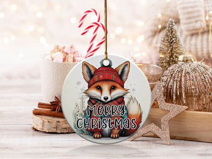 Fox Christmas ornament featuring a cute fox cub in a red pom-pom beanie and plaid winter scarf.
