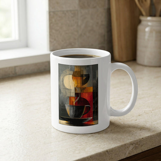 White 11oz Fragmented Coffee Mug on a kitchen bench featuring a cubist cup, amber-gold panels and textured geometric artwork.