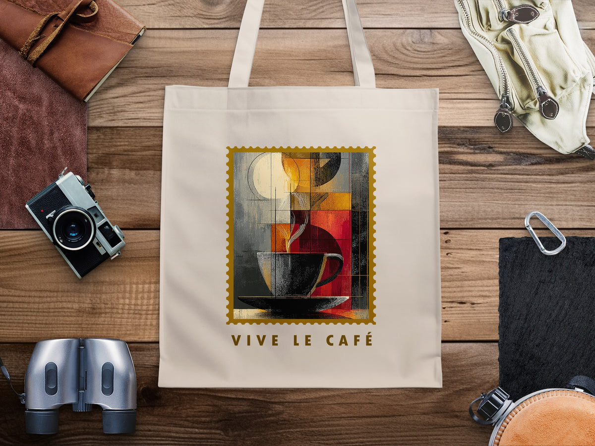 Fragmented Coffee canvas tote bag with large cubist cup and saucer, pale cream disc, geometric panels and gold stamp border.