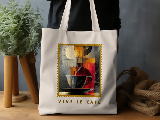 Fragmented Coffee Tote Bag with pale cream disc, charcoal cup, warm geometric panels and textured gold border.