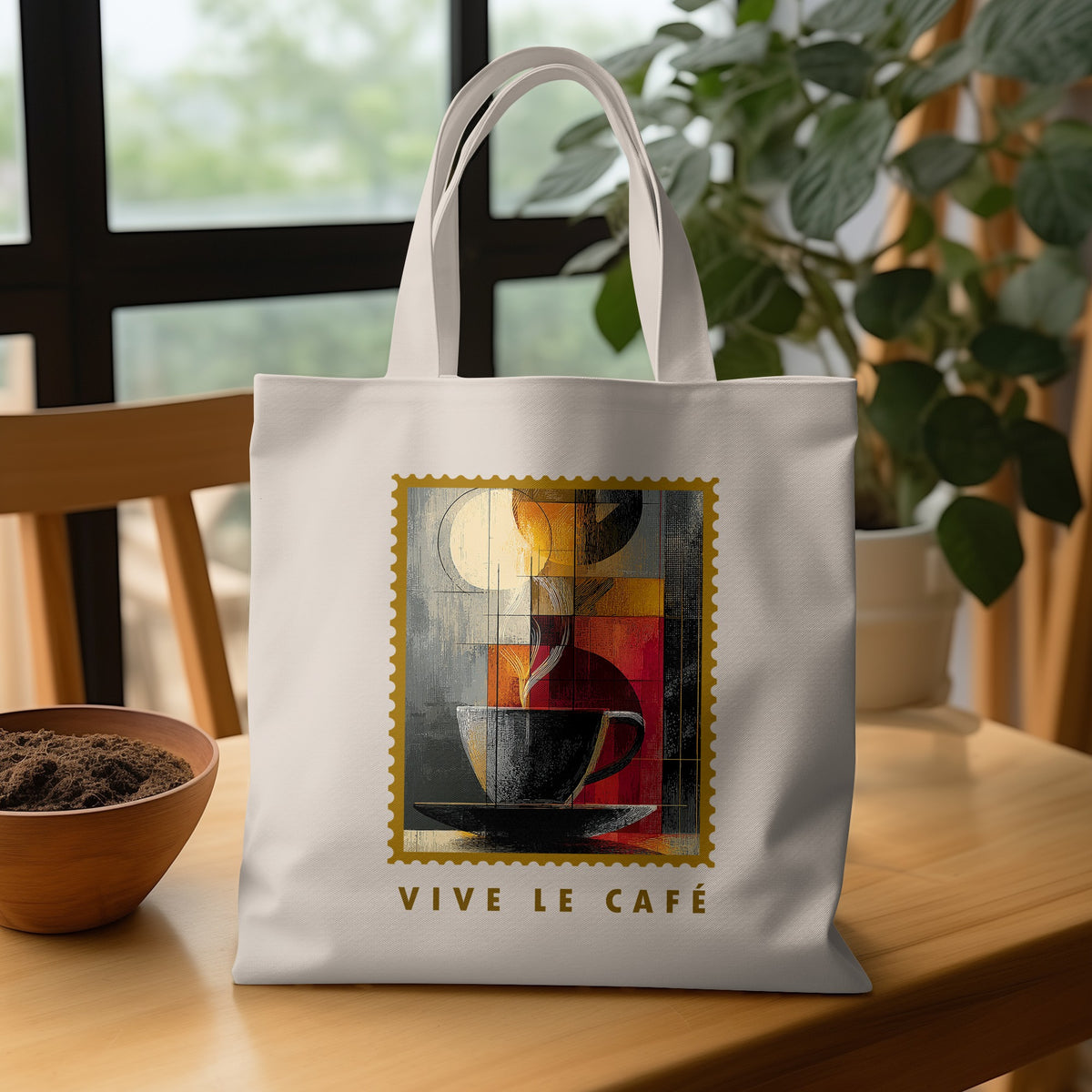 Fragmented Coffee Tote Bag with charcoal cup, pale cream disc, warm geometric panels and VIVE LE CAFE lettering on wooden table.