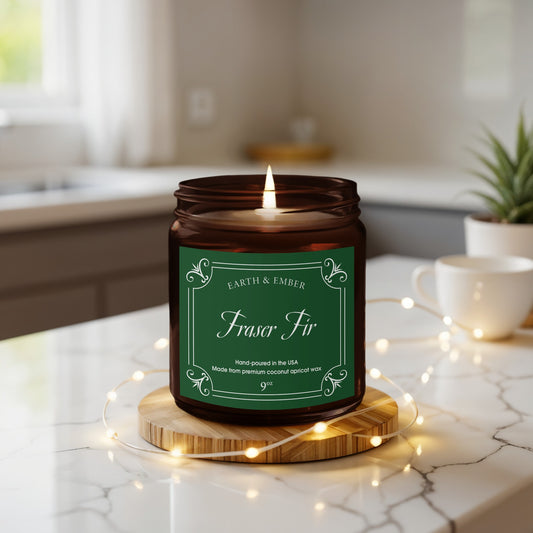Fraser Fir scented candle featured in trendy lifestyle setting with modern home decor and stylish accents.