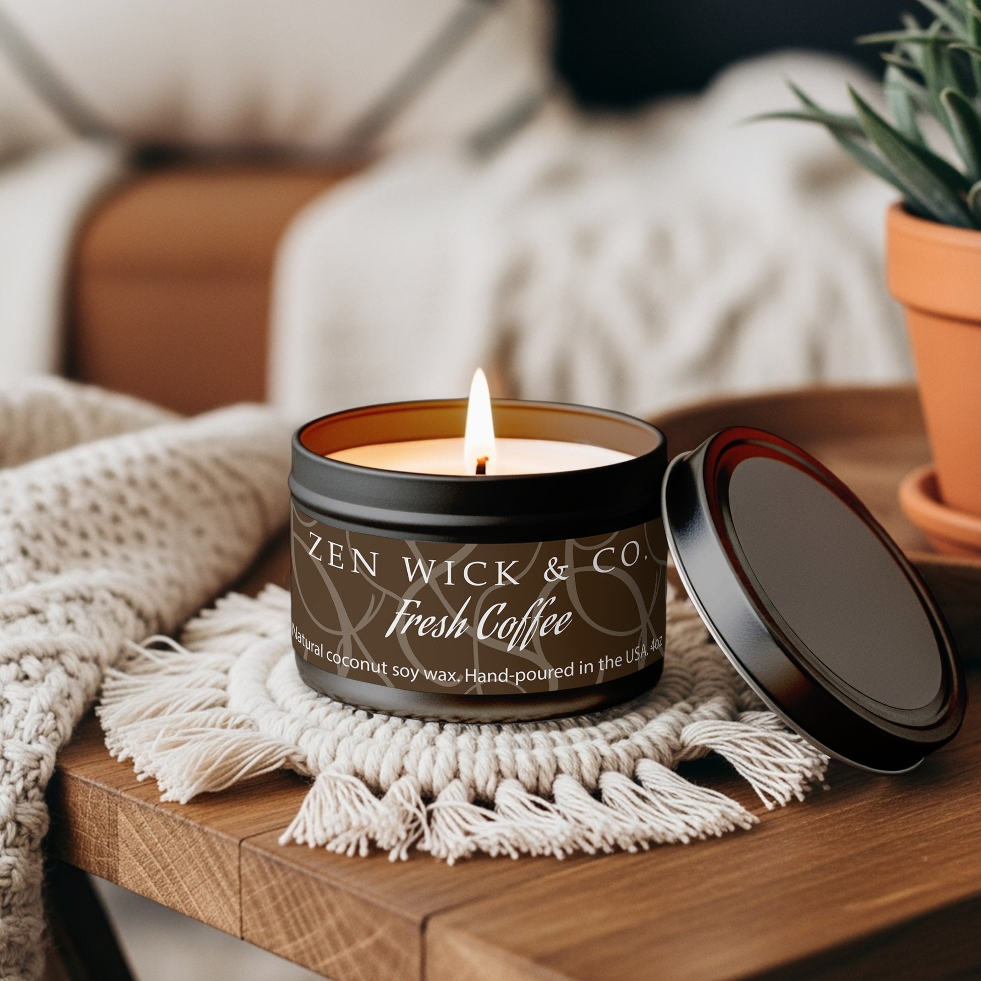 Fresh coffee scented tin candle 4oz styled on coffee table adding rich roasted aroma to cozy living spaces.