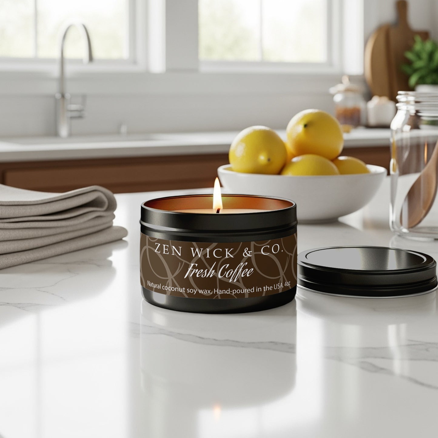 Fresh coffee scented tin candle 4oz placed on kitchen countertop filling the space with a sweet, rich coffee aroma.