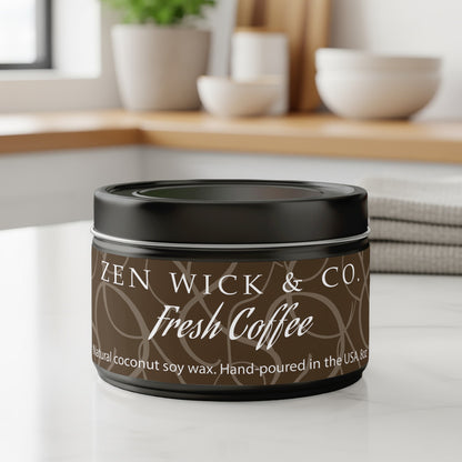Fresh coffee scented tin candle 8oz with lid on featuring a reusable tin container ideal for storage or stylish decor.