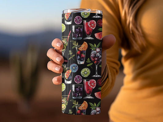 Insulated stainless steel tumbler featuring martini glasses, citrus fruit, and detailed botanical illustrations.