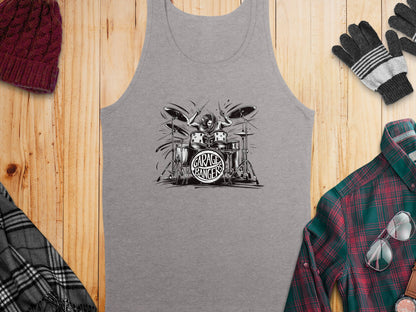 Athletic Heather Garage Bangers Tank Top with black ink drummer illustration and motion lines in live gig poster style.