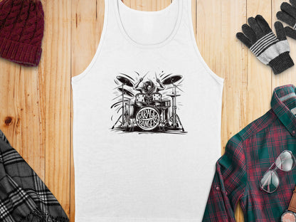 White Garage Bangers Tank Top featuring sketch-style drummer, full drum kit, and Garage Bangers bass drum typography.