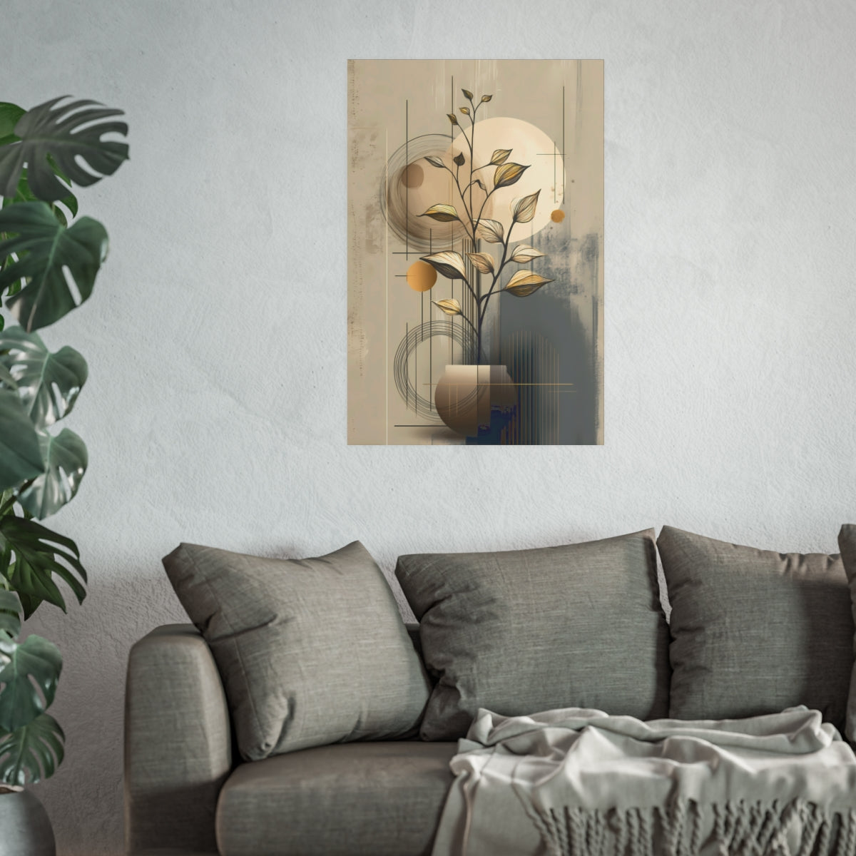 Geometric Botanical Golden Harmony Poster as large 24x36 inch abstract wall art in a living room.