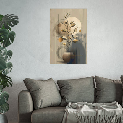 Geometric Botanical Golden Harmony Poster as large 24x36 inch abstract wall art in a living room.