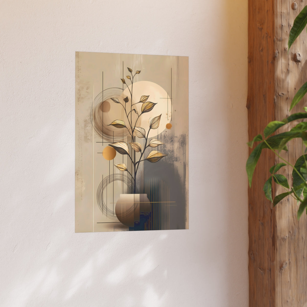 Geometric Botanical Golden Harmony Poster in a lifestyle interior highlighting artistic symmetry.