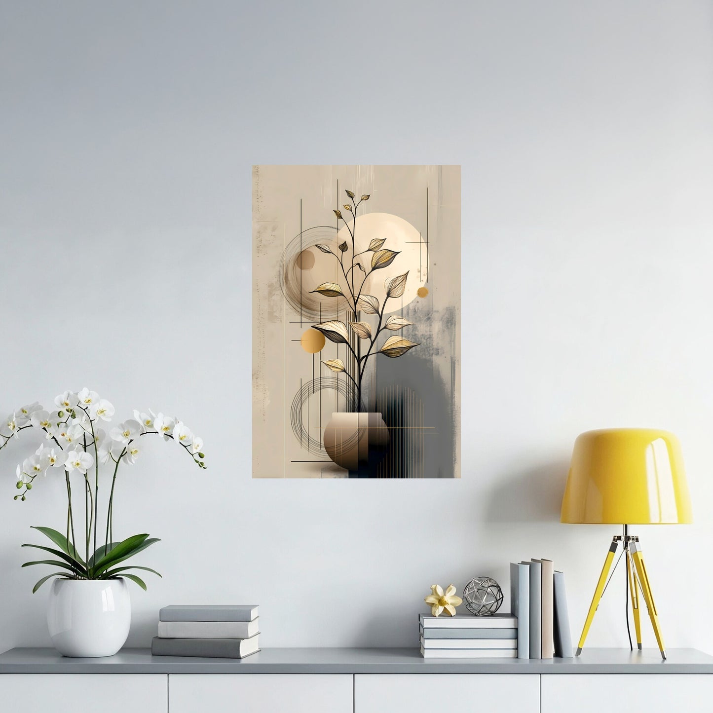 Geometric Botanical Golden Harmony Poster displayed above a sideboard with warm golden tones.