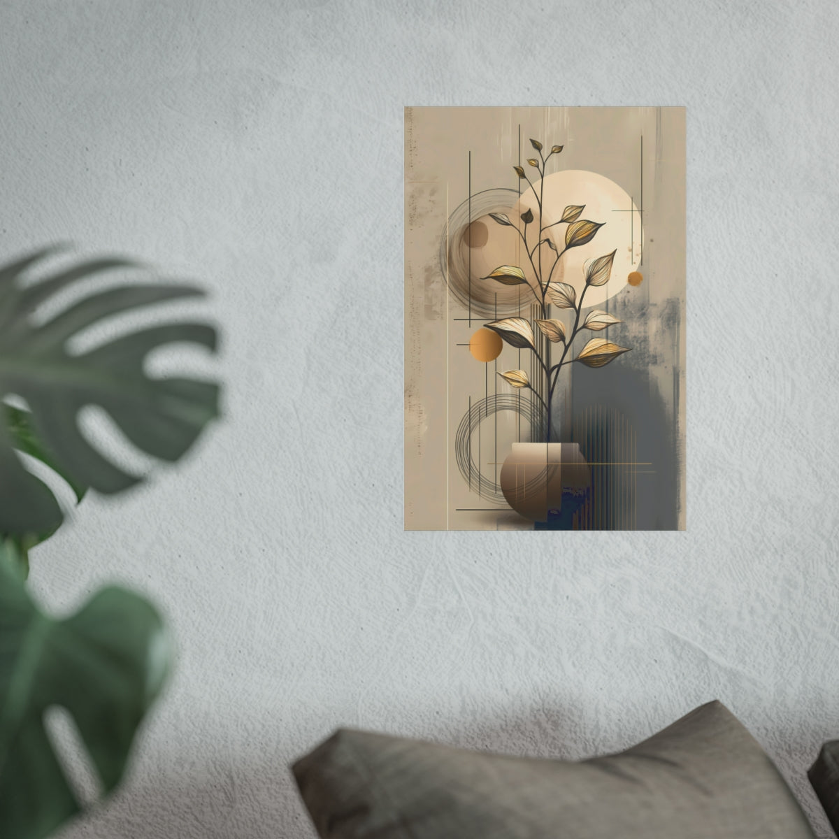 Geometric Botanical Golden Harmony Poster in 12x18 inch size styled above a couch with trendy, modern decor.