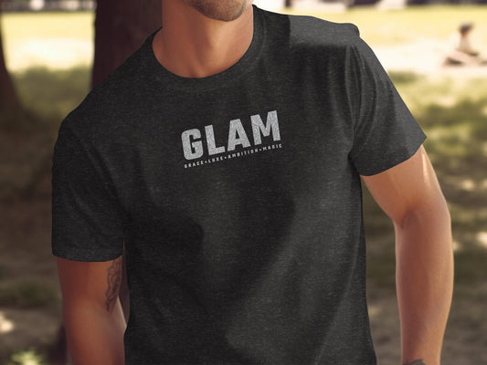Dark heather grey GLAM t-shirt featuring textured block GLAM typography with paisley inspired fill and GRACE LUXE AMBITION MAGIC chest print.