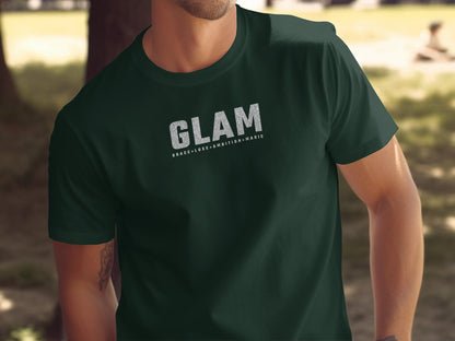 GLAM T-Shirt in forest green, classic unisex tee with soft-touch cotton and stitched side seams.