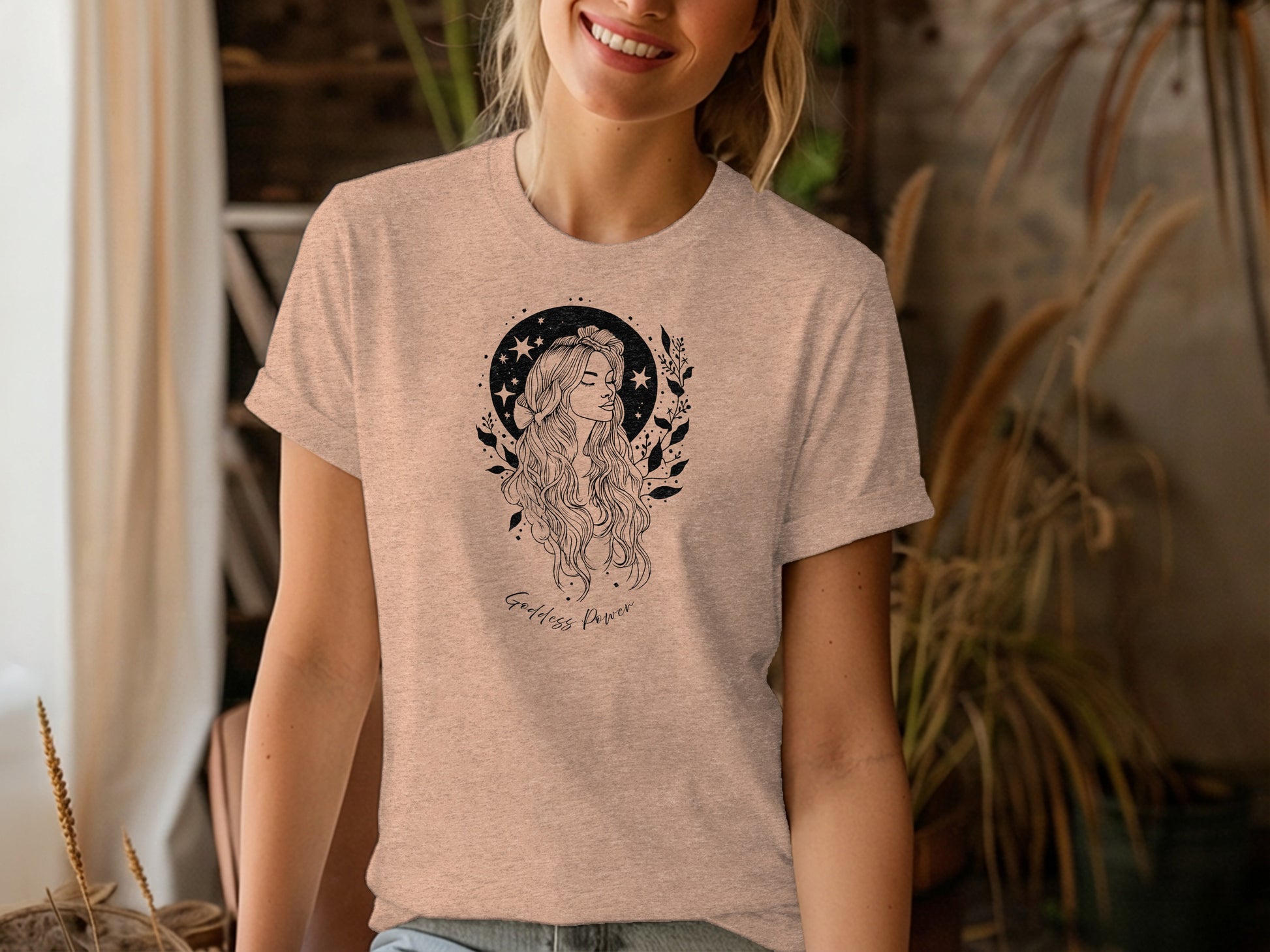 Goddess Power T-shirt in heather peach, crew neck design, lightweight cotton, trendy boho vibe, empowering casual piece.