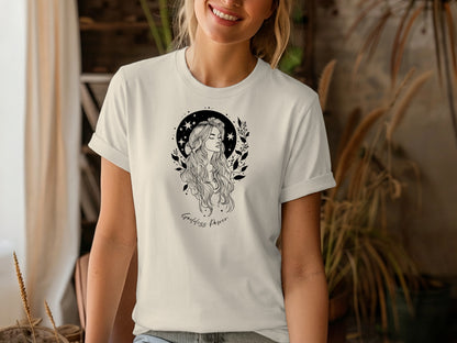 Goddess Power T-shirt in natural hue, unisex fit, short sleeve crew neck, soft cotton, empowering boho everyday look.