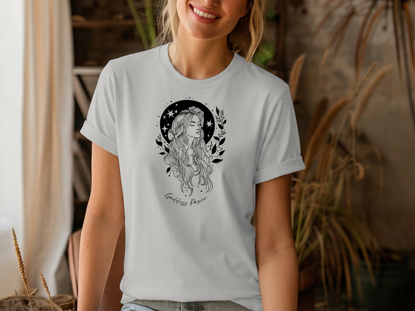 Goddess Power T-shirt in silver, comfortable soft cotton fabric, empowering boho style for relaxed trendy outfits.