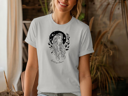 Goddess Power T-shirt in silver, comfortable soft cotton fabric, empowering boho style for relaxed trendy outfits.