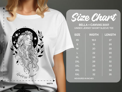 Goddess Power T-shirt size chart, unisex measurements for chest, length, and fit guide to ensure perfect empowering boho style.